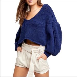 Free People M Knit Sweater Puff Sleeve Crop Blue NWT